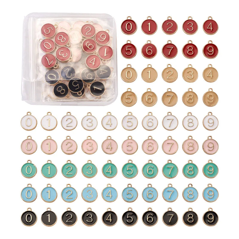 70Pcs Number Charms 0-9 Light Plated Alloy Enamel Pendants DIY Jewelry Making