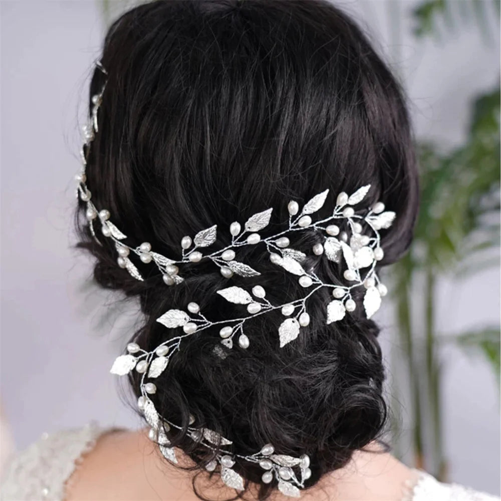 Gold/Silver Leaf Vine Hair Accessory Pearls Headbands for Women Girls