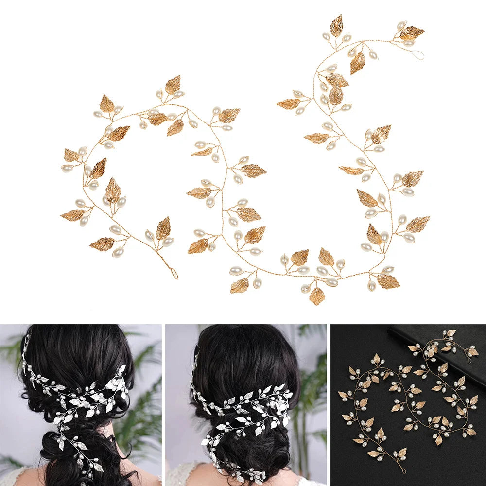 Gold/Silver Leaf Vine Hair Accessory Pearls Headbands for Women Girls