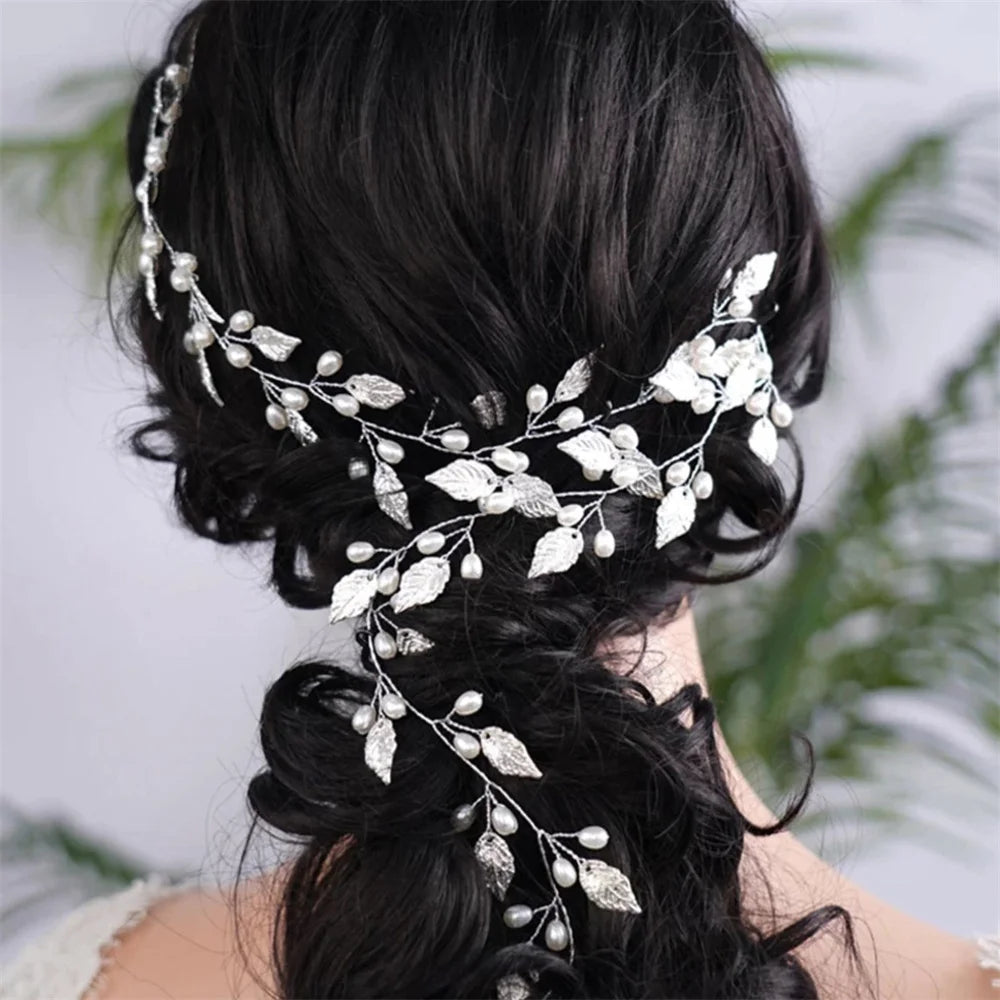 Gold/Silver Leaf Vine Hair Accessory Pearls Headbands for Women Girls