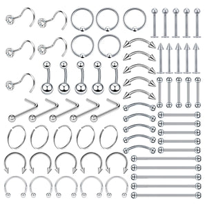 70pc Surgical Steel Body Piercing Jewelry Lot Bulk Nose Ring Tongue Bar Lot
