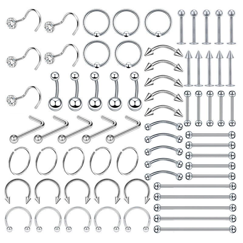 70pc Surgical Steel Body Piercing Jewelry Lot Bulk Nose Ring Tongue Bar Lot