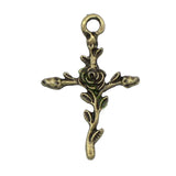 70pcs Antique Bronze Detailed Rose Cross Charm Pendant 34x23mm