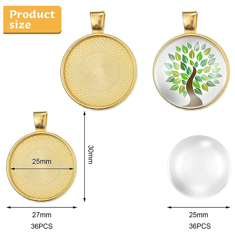 72 Pcs Sublimation Pendant Trays Set with Round Bezel Blanks and Glass Cabochons