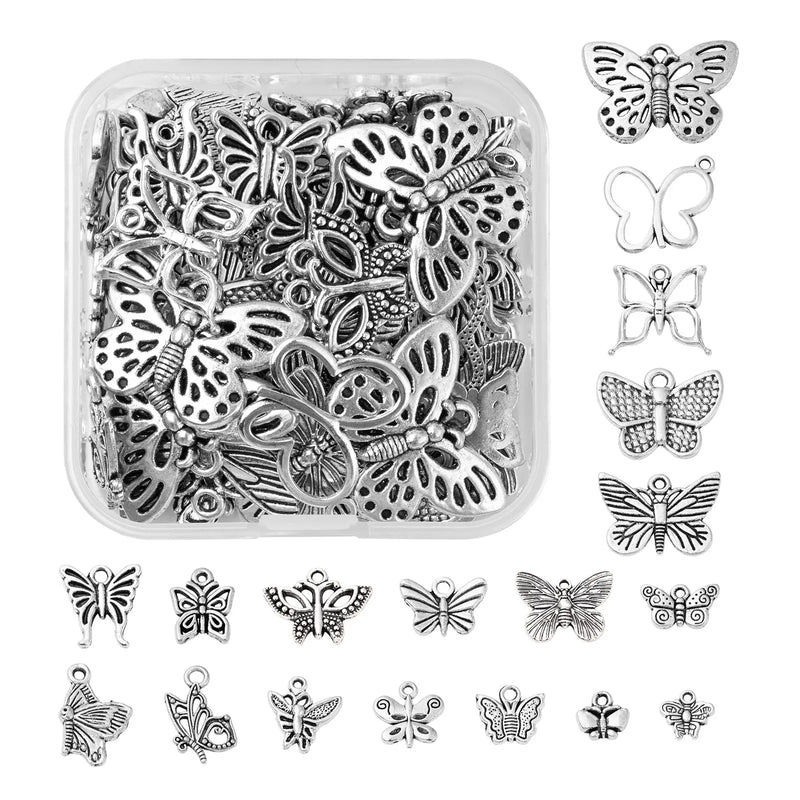 72Pcs Tibetan Charms Hollow Butterfly Antique Silver Pendants for Jewelry Making