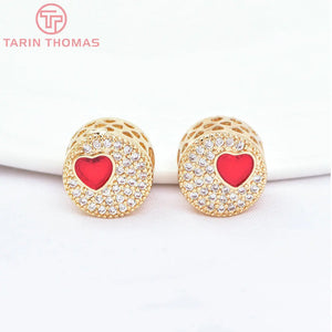 2PCS 11x8.5MM 24K Brass Zircon Heart Beads DIY Jewelry Accessories