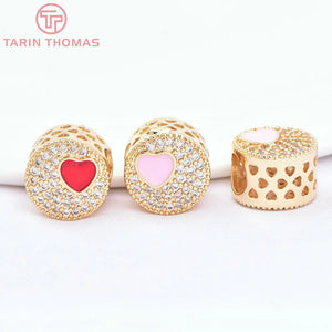 2PCS 11x8.5MM 24K Brass Zircon Heart Beads DIY Jewelry Accessories