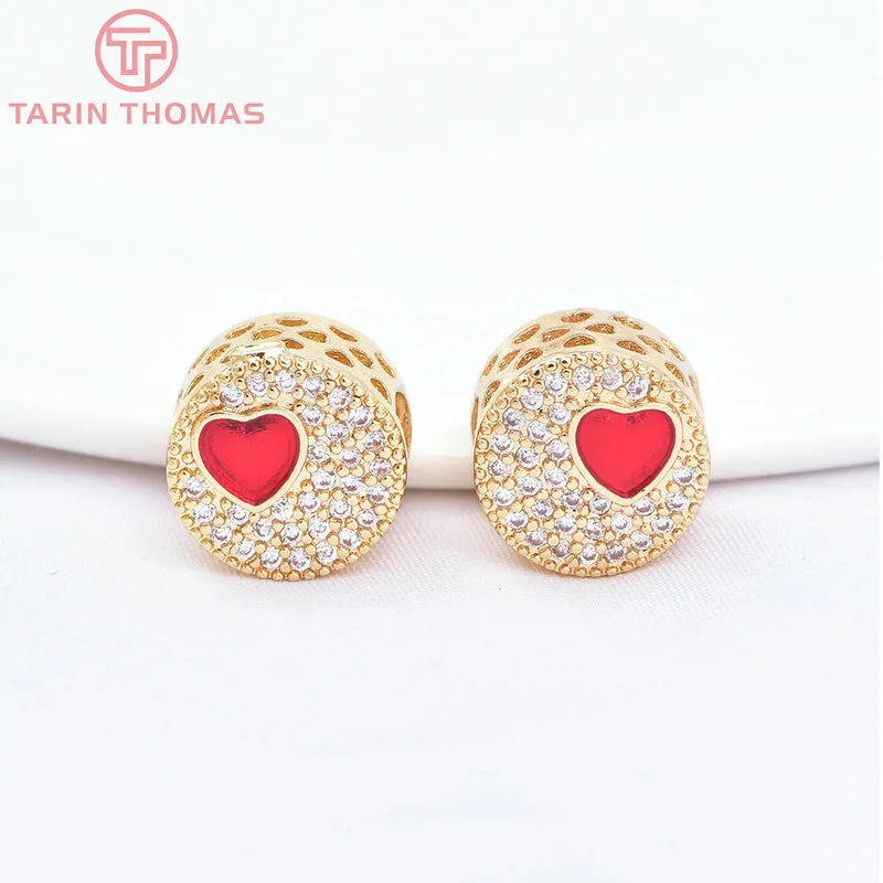2PCS 11x8.5MM 24K Brass Zircon Heart Beads DIY Jewelry Accessories