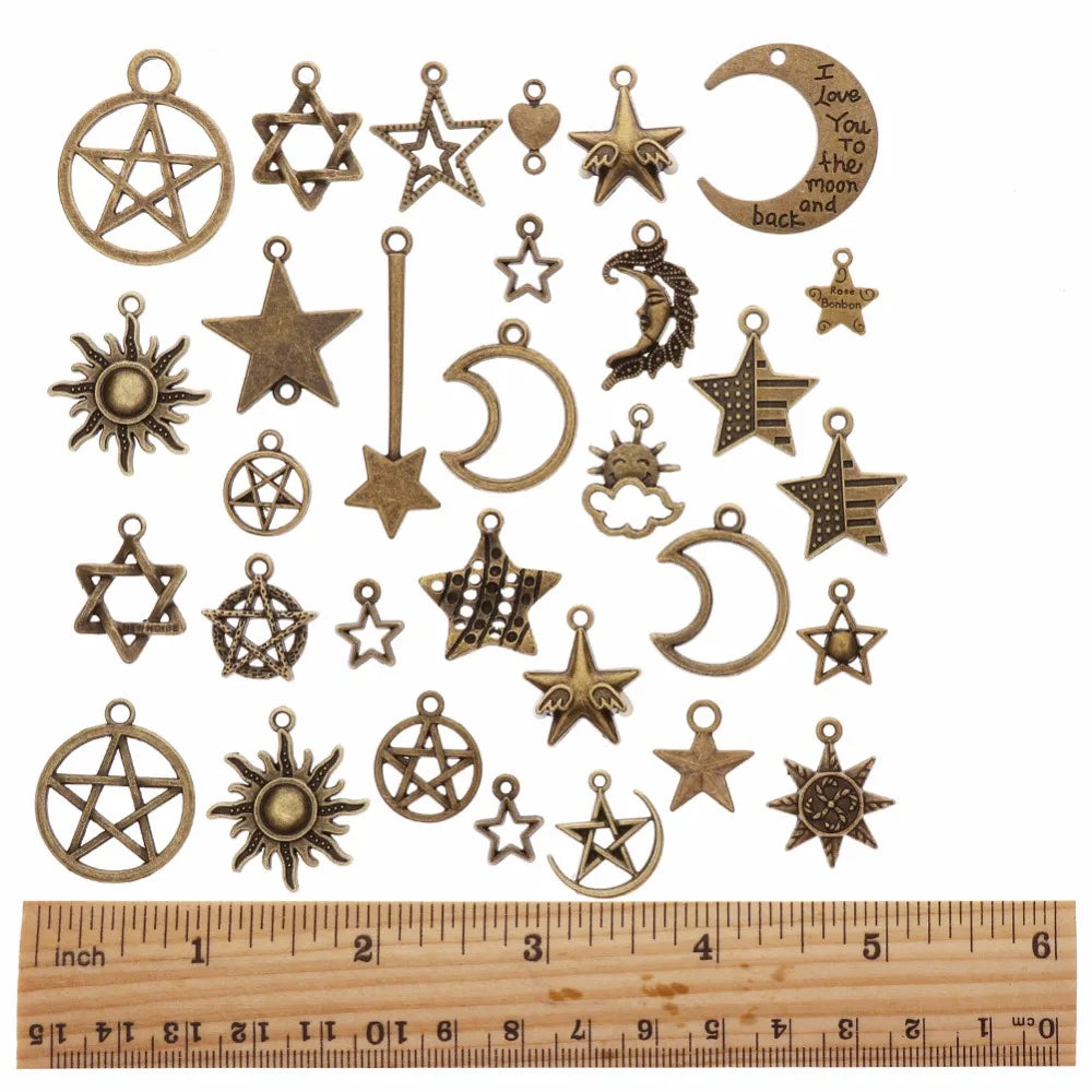 73Pcs Mixed Vintage Metal Star Moon Charms DIY Retro Pendant for Jewelry Making