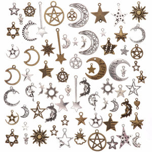 73Pcs Mixed Vintage Metal Star Moon Charms DIY Retro Pendant for Jewelry Making
