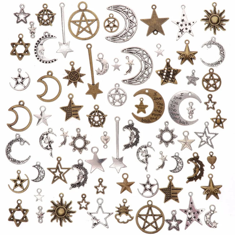 73Pcs Mixed Vintage Metal Star Moon Charms DIY Retro Pendant for Jewelry Making