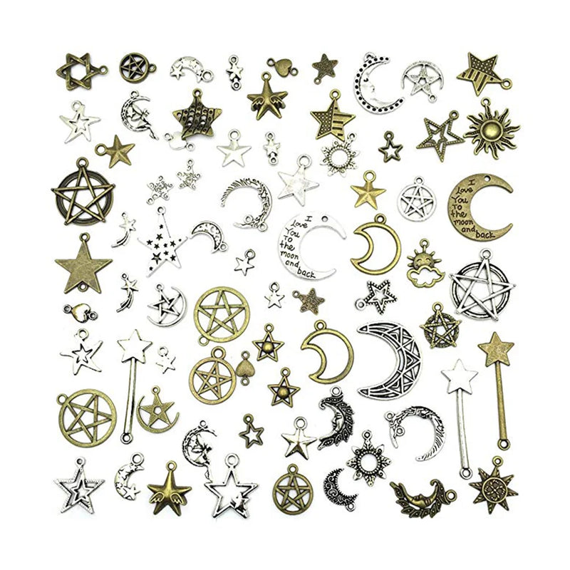 74 Pcs Alloy Moon Star Pendants Tibetan Silver DIY Jewelry Accessories
