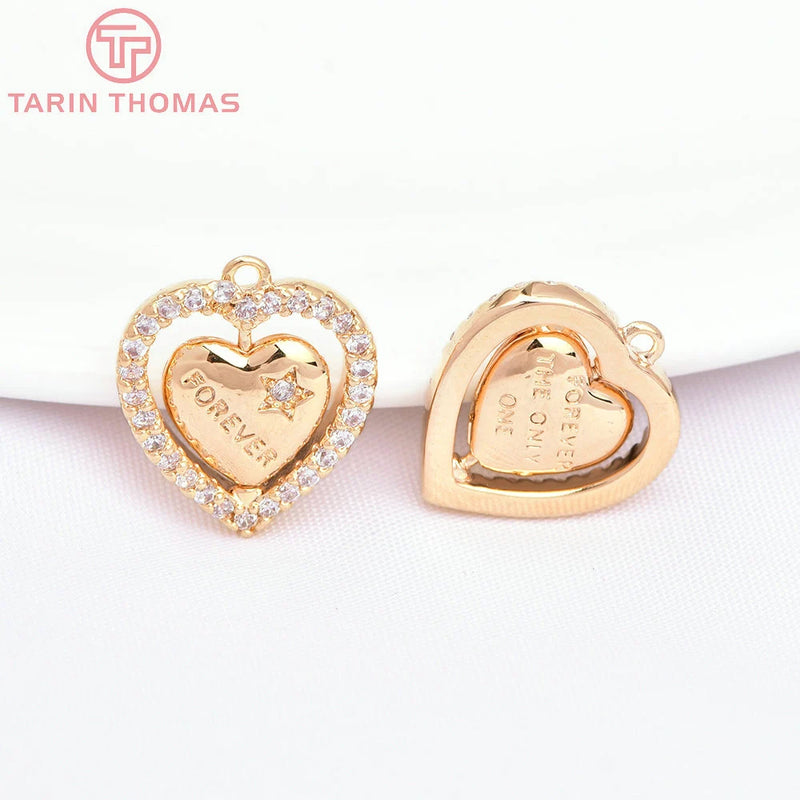 4PCS 11x12MM 24K Brass Zircon Heart Charms Pendants DIY Jewelry Findings