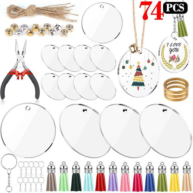 74Pcs Acrylic Circle Discs Kit Round Discs Keychain Blanks Tassel DIY