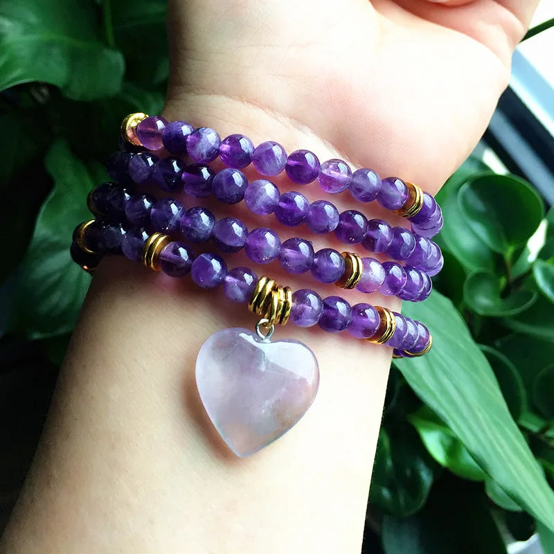 Natural Amethyste Crystal Heart Pendant Bracelet