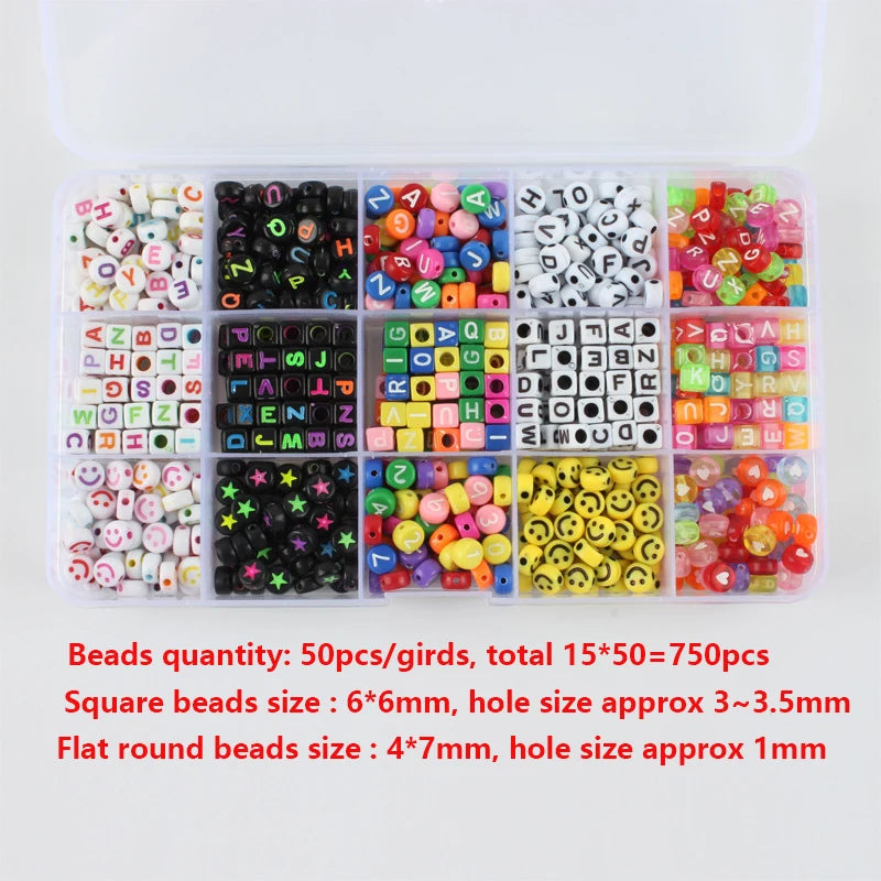 750pcs Acrylic Letters Beads Mixed Smiley Heart Alphabet Set for DIY Bracelets