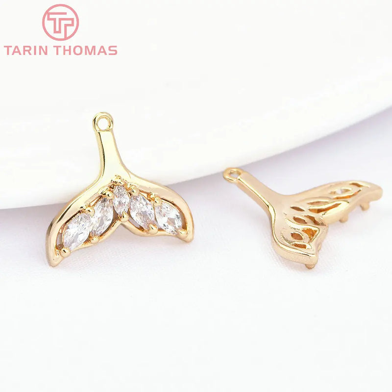 4PCS 14x12.5MM 24K Brass Zircon Fish Tail Charms Pendants Jewelry Findings
