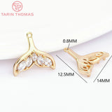 4PCS 14x12.5MM 24K Brass Zircon Fish Tail Charms Pendants Jewelry Findings