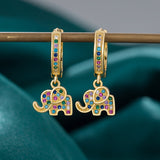 2pcs Bohemian Style Retro Elephant Earrings, Colorful Zirconia