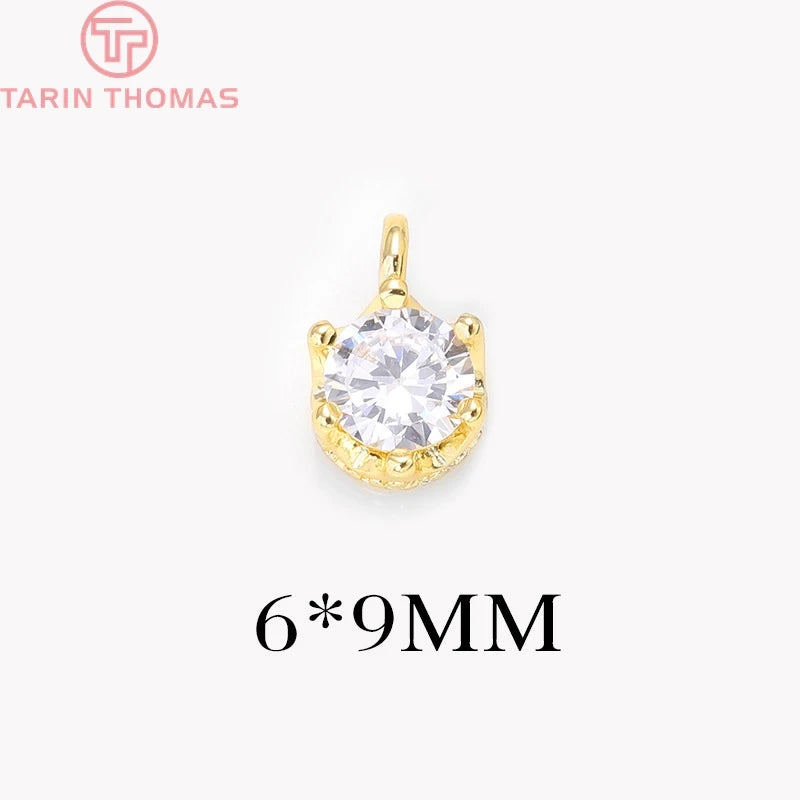 6PCS 6x9MM 24K Plated Brass Zircon Crown Charms Pendants
