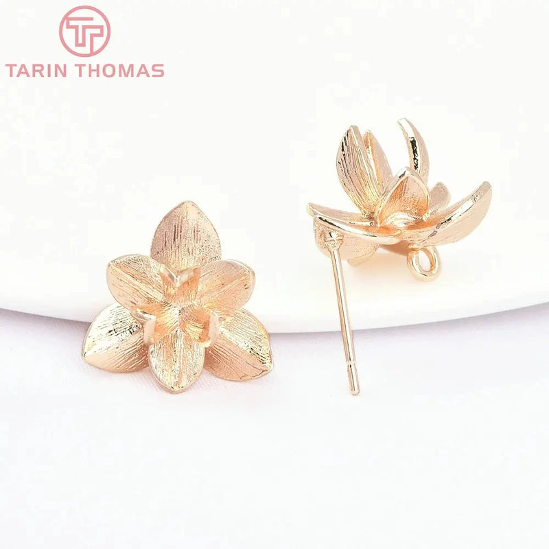 6PCS 14.5MM 24K Brass Flower Shape Stud Earrings