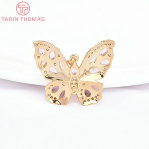 2PCS 33x28MM 24K Brass Zircon Butterfly Pendants DIY Jewelry Findings