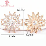 4PCS 20.5x21MM 24K Brass Zircon Flower Double Hole Pendants
