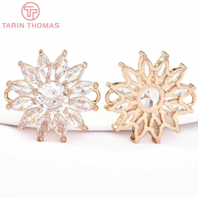4PCS 20.5x21MM 24K Brass Zircon Flower Double Hole Pendants