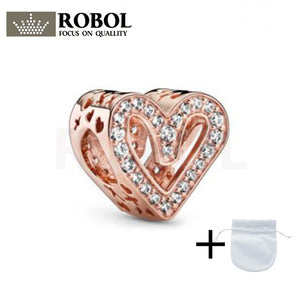 925 Sterling Silver Rose Glittering Heart-shaped Bead Jewelry