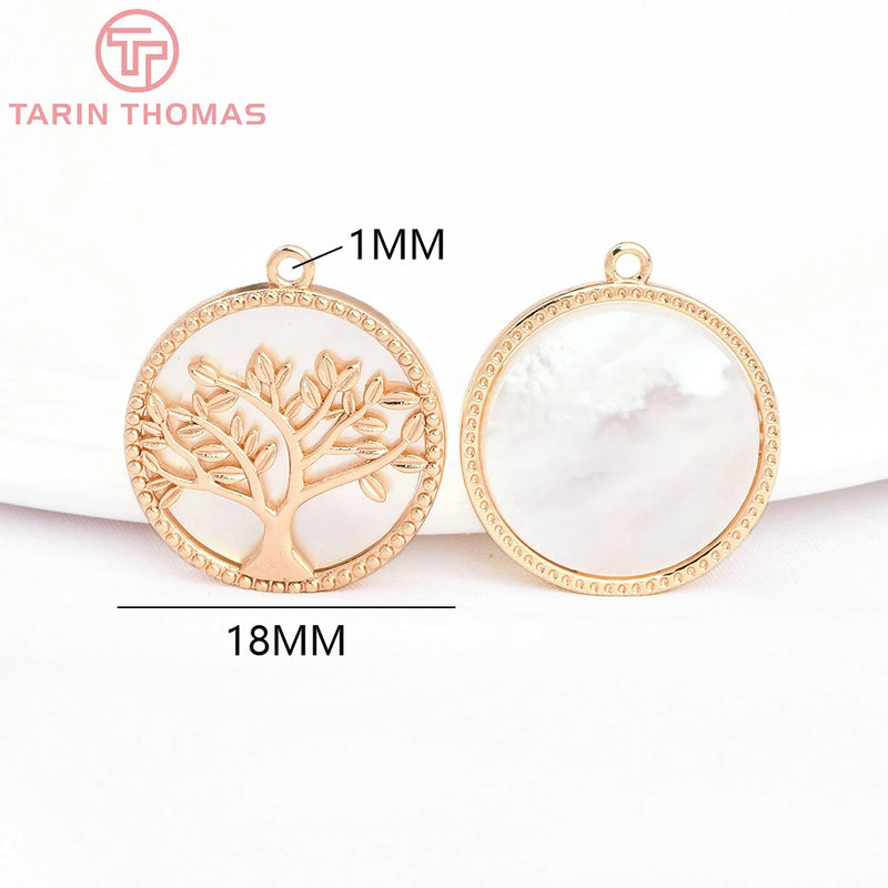 2PCS 18MM 24K Brass Zircon Round Tree Pendants High DIY Jewelry Making