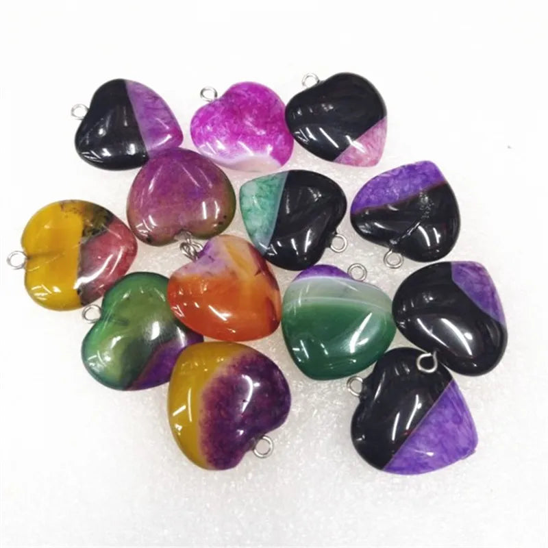 7PCS Crack Agate Stone Heart Shape Pendants 20MM Women's Jewelry Making