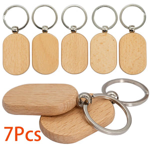 7Pcs Wooden Key Tag Key Chain Rectangle Wood Blanks Keyrings