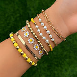 7Pcs Kpop Sunflower Flat Snake Chain Bracelets CCB Beads Couple