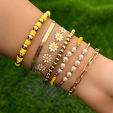 7Pcs Kpop Sunflower Flat Snake Chain Bracelets CCB Beads Couple