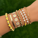 7Pcs Kpop Sunflower Flat Snake Chain Bracelets CCB Beads Couple