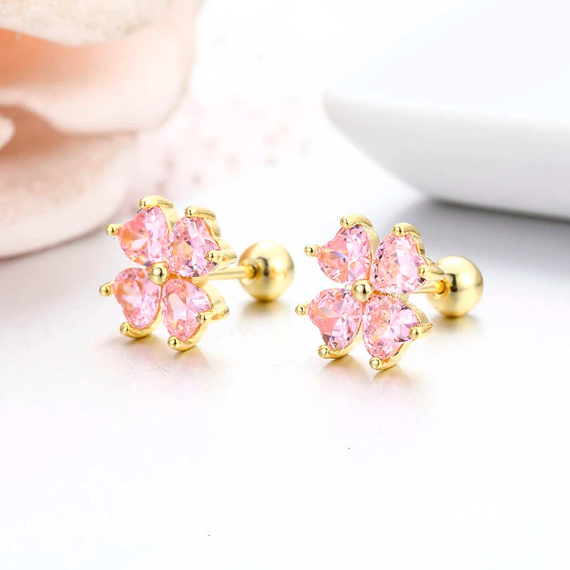 Heart CZ Stones Clover Flower Stud Earrings for Girls