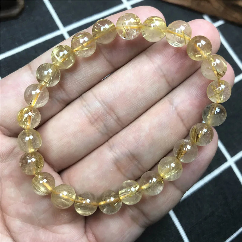 7mm Natural Rutilated Titanium Bracelet Healing Crystal Beads Brazil Jewelry
