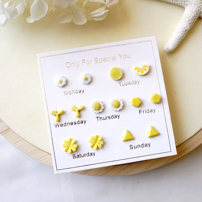 7pcs Ins Candy Week Mini Ceramic Earring Female Fresh Joker Temperament Combinat