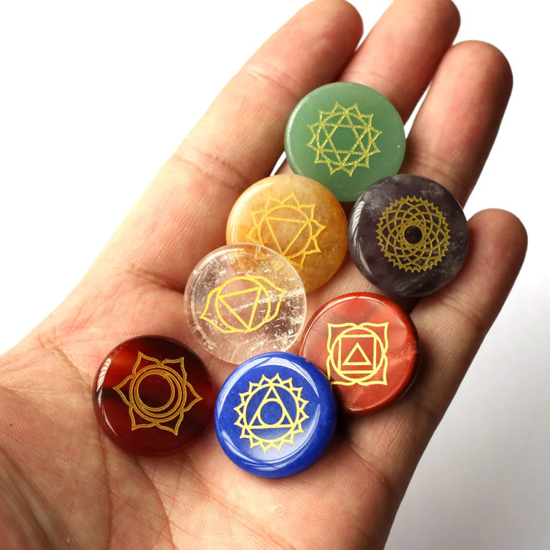 7pcs Chakra Stones with Lapis Lazuli Symbols Palm Stone 25mm