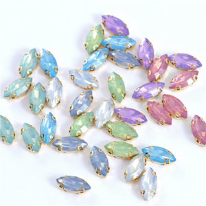 7x15mm Horse Eye Opal Crystal Green Resin Sew On Rhinestones With Claw Flatback