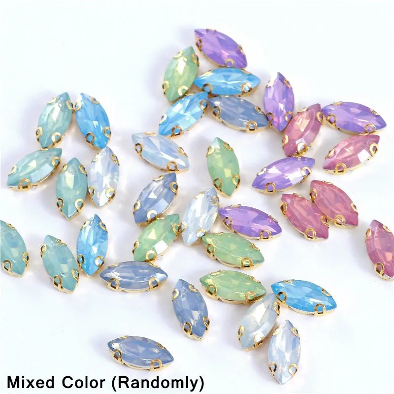 7x15mm Horse Eye Opal Crystal Green Resin Sew On Rhinestones With Claw Flatback