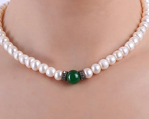 Real Freshwater Cultured Pearl Necklace with Natural Jade Choker