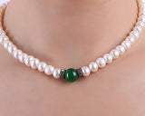 Real Freshwater Cultured Pearl Necklace with Natural Jade Choker