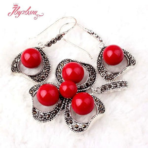 8.10mm Coral Marcasite Tibetan Silver Pendant Earring Set