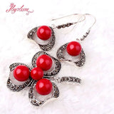 8.10mm Coral Marcasite Tibetan Silver Pendant Earring Set