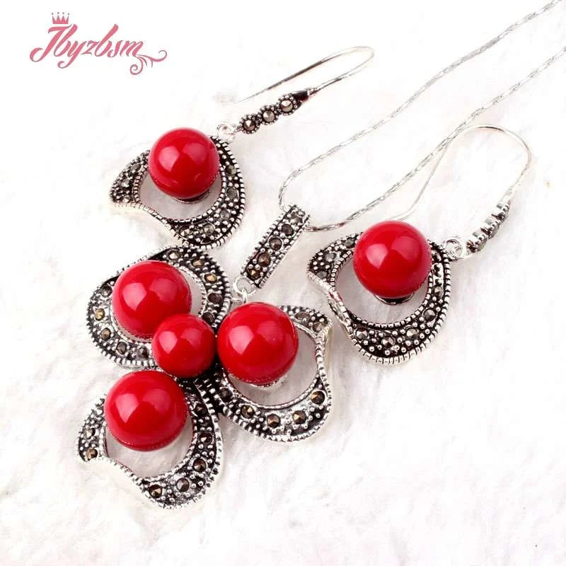 8.10mm Coral Marcasite Tibetan Silver Pendant Earring Set