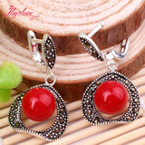 8.10mm Coral Marcasite Tibetan Silver Pendant Earring Set