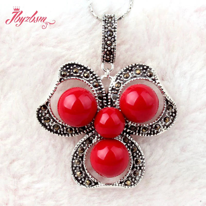 8.10mm Coral Marcasite Tibetan Silver Pendant Earring Set