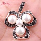8.10mm Shell Pearl Marcasite Necklace Pendant Earrings Set