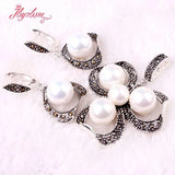 8.10mm Shell Pearl Marcasite Necklace Pendant Earrings Set